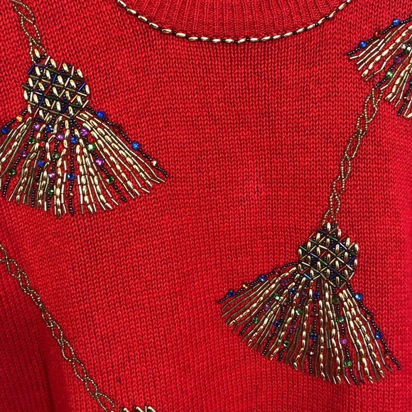 Vintage Britany Leigh Sweater Red Beaded Sequined Tassel Knit - Picture 2 of 8